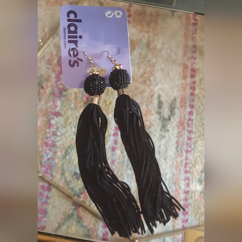 Claire's Black Tassel Fringe Long Dangle Drop Earrings New